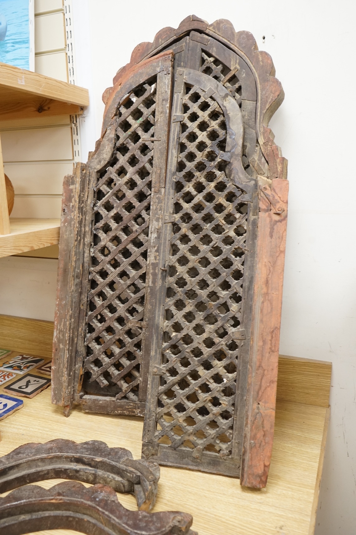 Two Indian carved wood windows (one dissembled), 100cm high